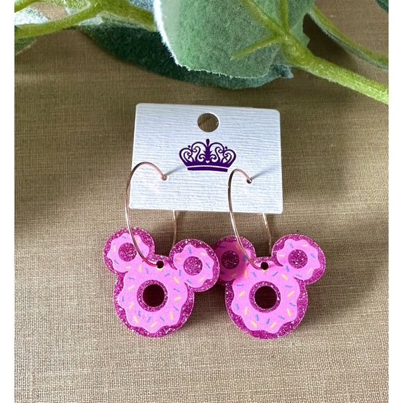 Large Pink glitter donut Minnie Mouse earrings on hoops, brand NEW - Picture 2 of 2
